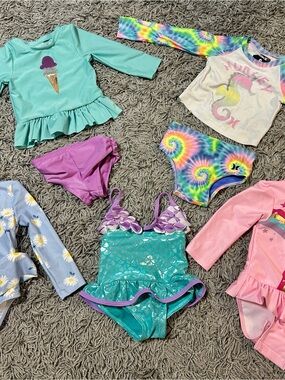 Girls Mermaid One-Piece Swimsuit with Ruffle Trim - Teal & Purple